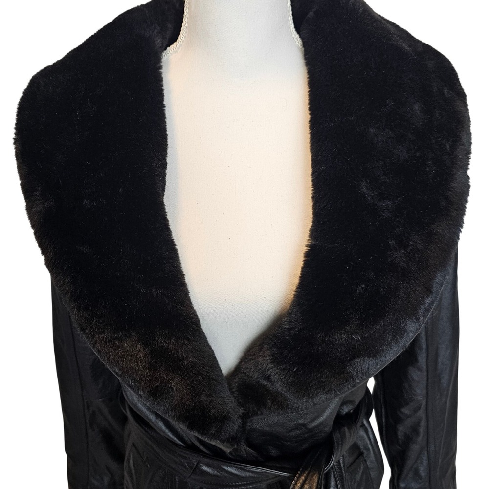 MGR Womens VTG‎ 90s Leather Jacket Coat Faux Fur Collar Medium Mob Wife Grunge - Picture 6 of 16